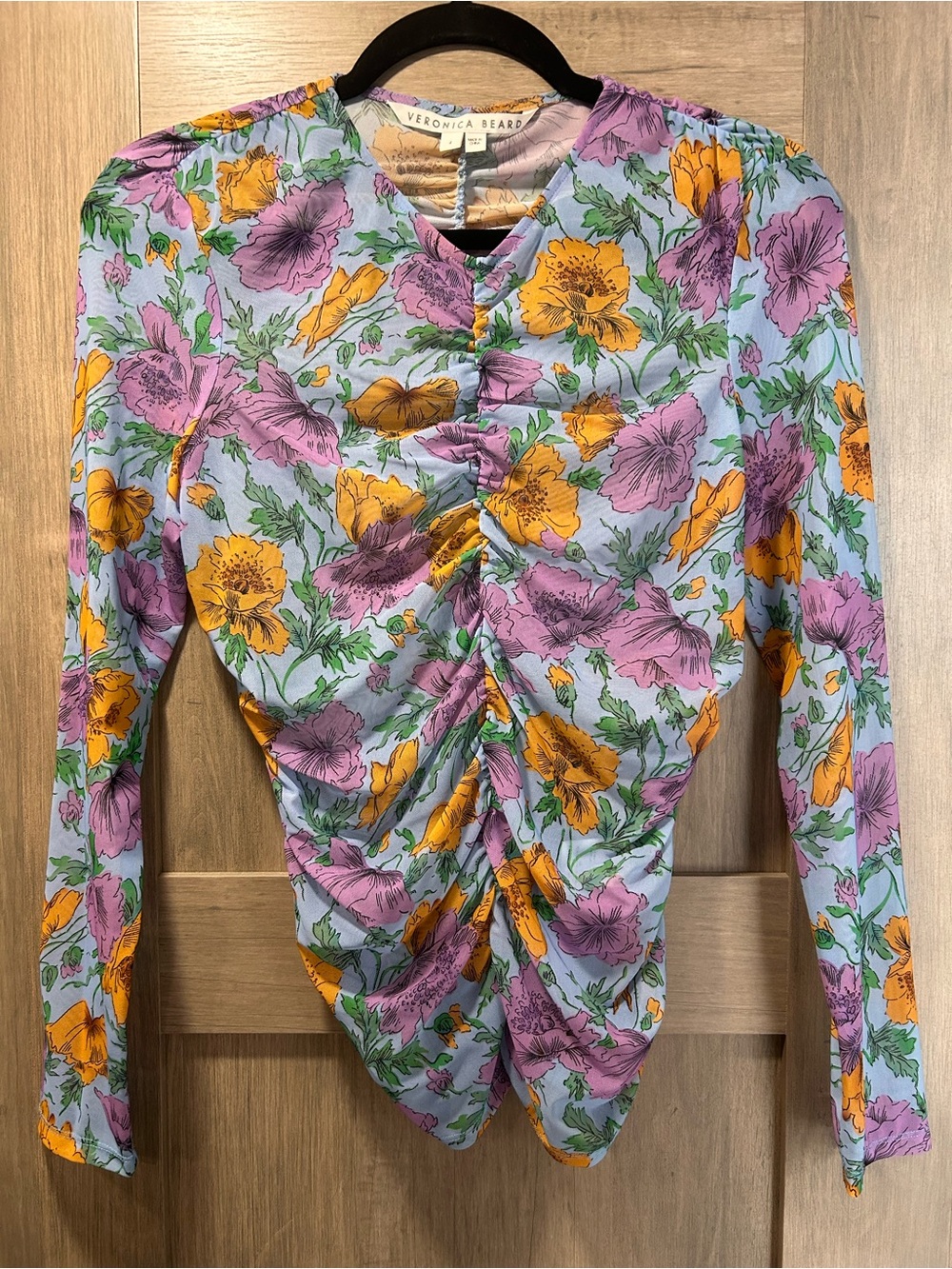 Veronica Beard Lilac Floral Ruched Long-Sleeve Blouse